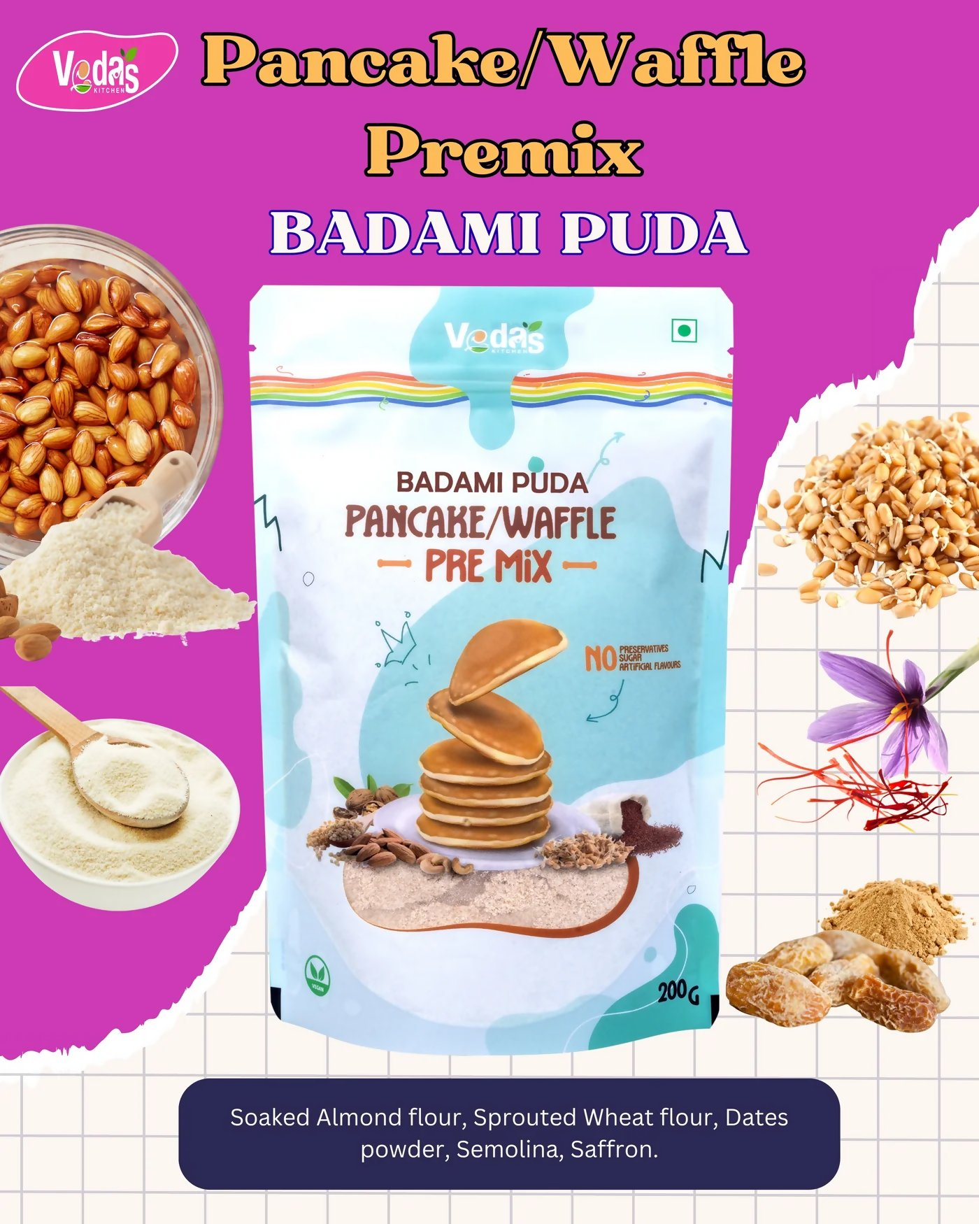Vedas Kitchen Badami Puda Waffle/Pancake Premix | Grocsy