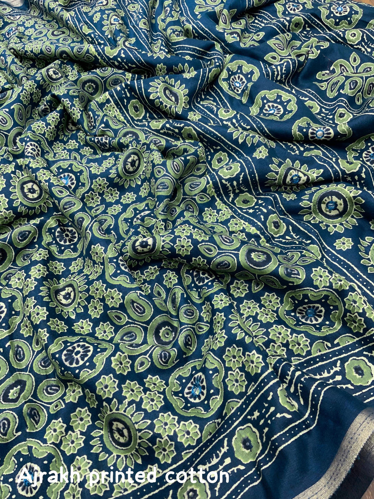 Blue Cotton Blend Ajrak Saree with Unstitched Blouse - Hiral Fashion | Grocsy