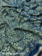 Blue Cotton Blend Ajrak Saree with Unstitched Blouse - A2M | Grocsy