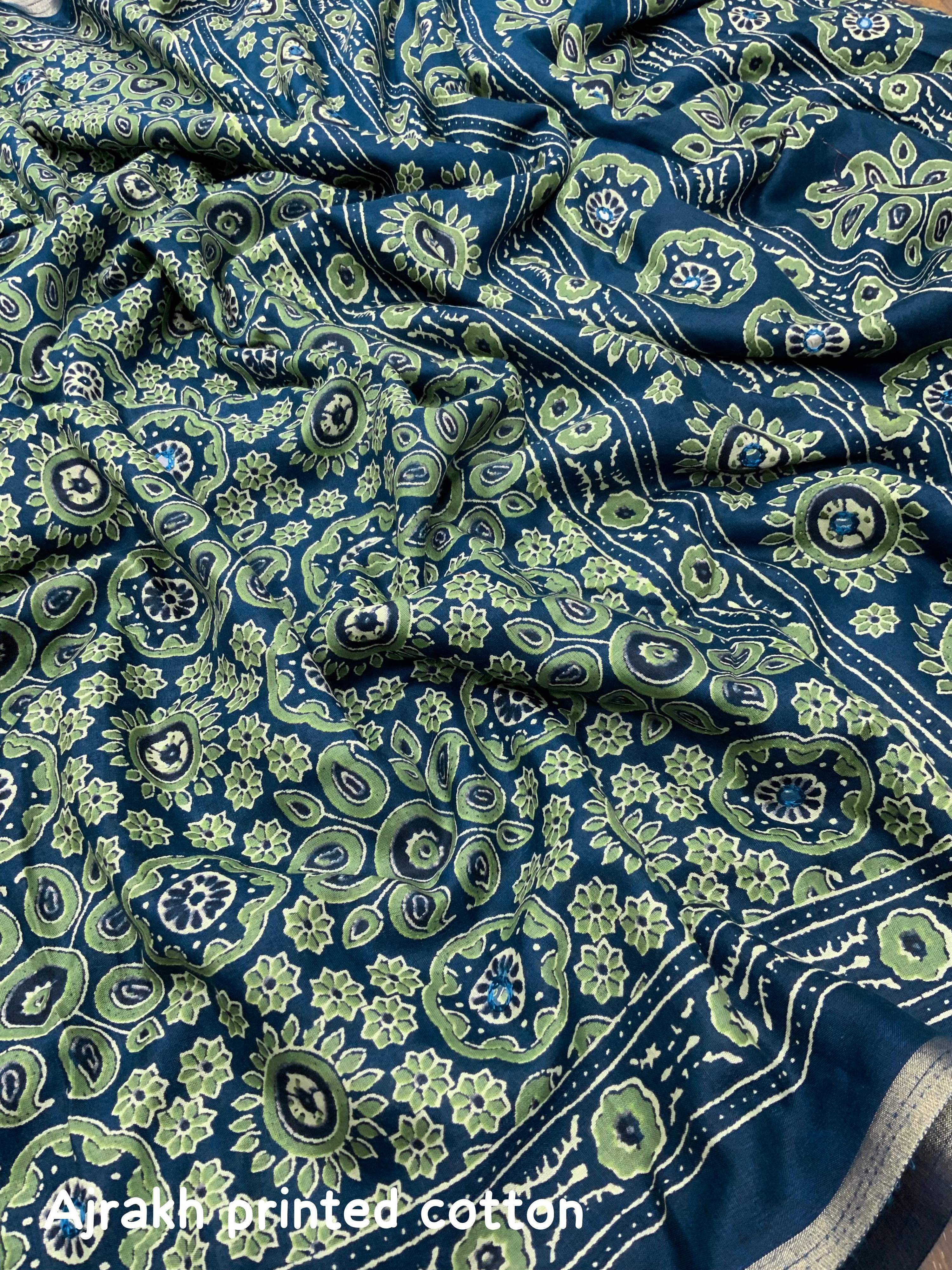 Blue Cotton Blend Ajrak Saree with Unstitched Blouse - A2M | Grocsy