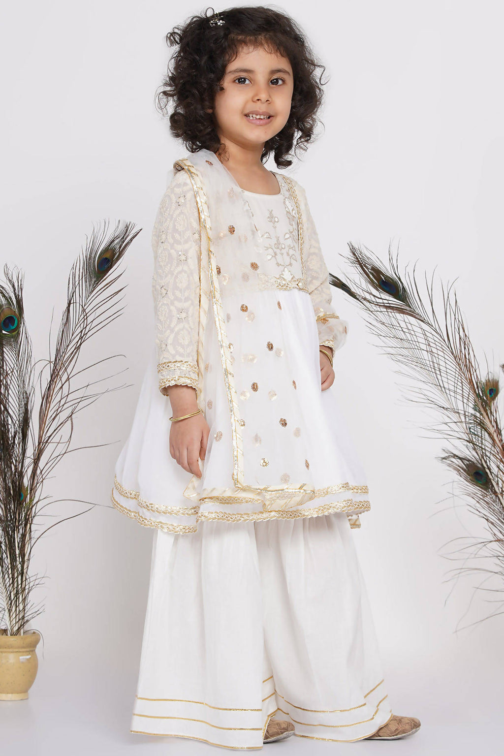 Little Bansi Girls Cotton Floral Embroidery Frock Kurta with Sharara & Dupatta - White | Grocsy