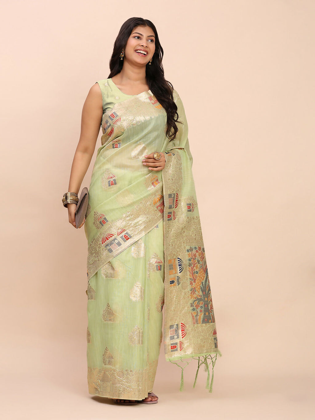 Shree Shyam Fashion Linen Cotton Light Green Saree | Grocsy