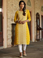 Juniper Women's Yellow Georgette Printed Kurta | Grocsy