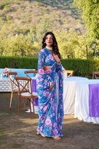 Vastranavya Blue Weightless Marble Printed & Pearl Lace Border Saree with Unstitched Blouse | Grocsy