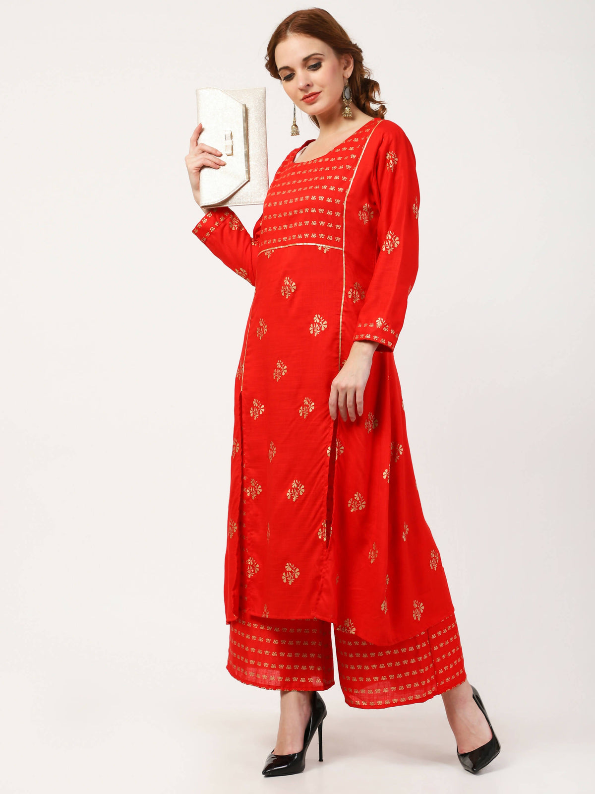 Cheera Embellished Daily Wear Cotton Blend Kurta With Palazoo - Red | Grocsy
