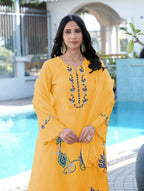 Nikhaar Yellow Embroidered Art Silk Stitched Straight Cut Kurta Pants Dupatta Readymade Suit | Grocsy