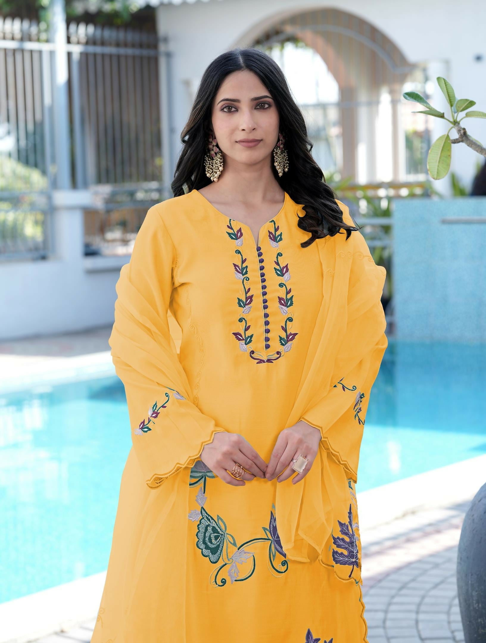 Nikhaar Yellow Embroidered Art Silk Stitched Straight Cut Kurta Pants Dupatta Readymade Suit | Grocsy
