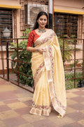 Yellow Pure Linen Woven Design Saree with Unstitched Blouse - A2M | Grocsy