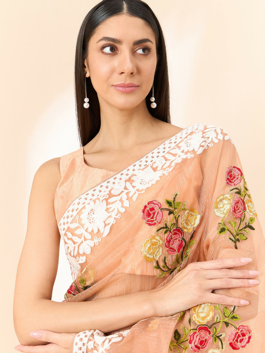 Peach Organza Floral Embroidered Saree with Unstitched Blouse Piece - Roozal | Grocsy