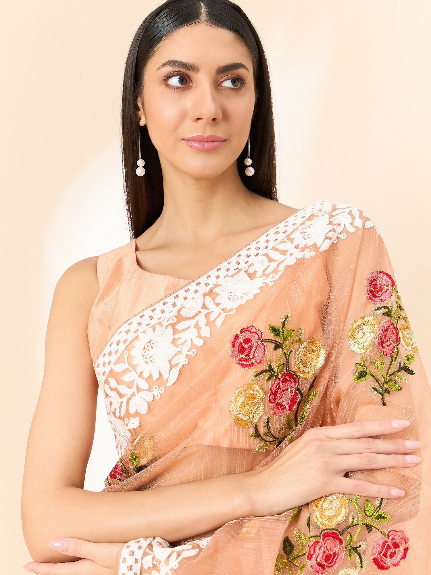 Peach Organza Floral Embroidered Saree with Unstitched Blouse Piece - Roozal | Grocsy