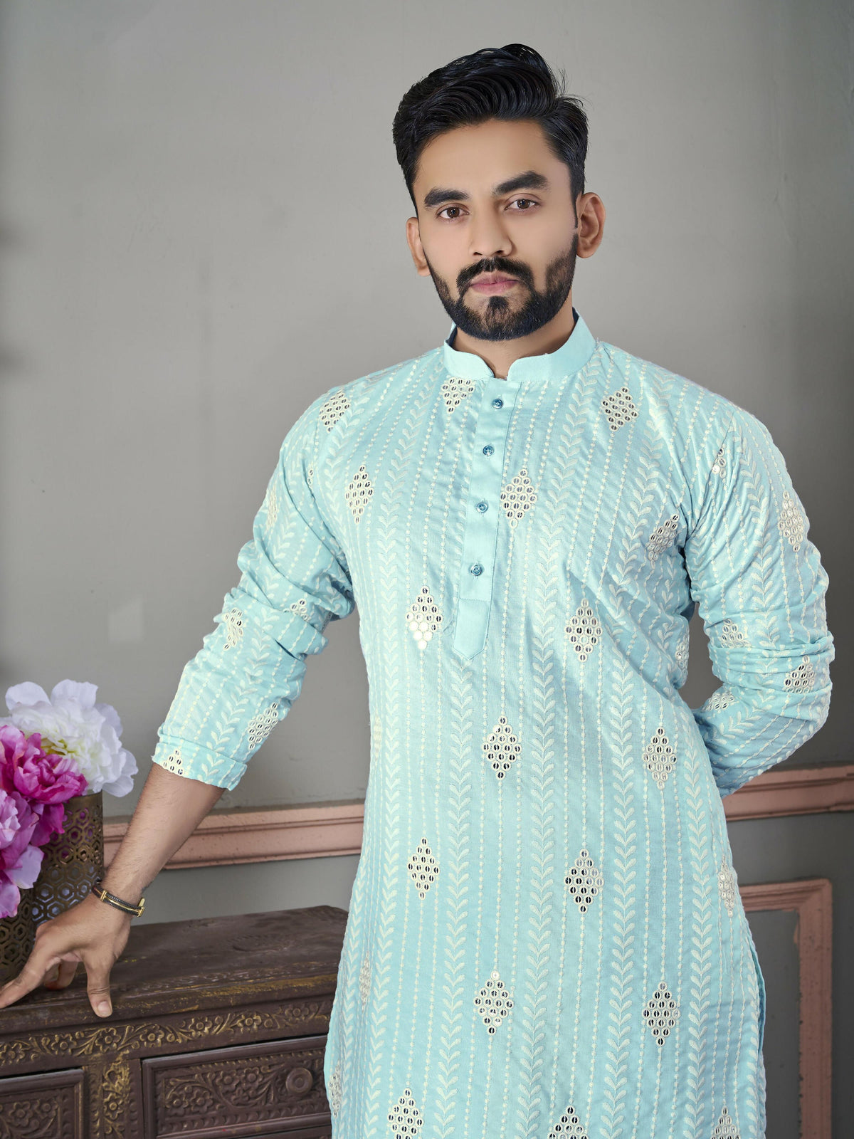 Men's Sky Blue Embroidered Designer Kurta Set by Infinity Export | Grocsy