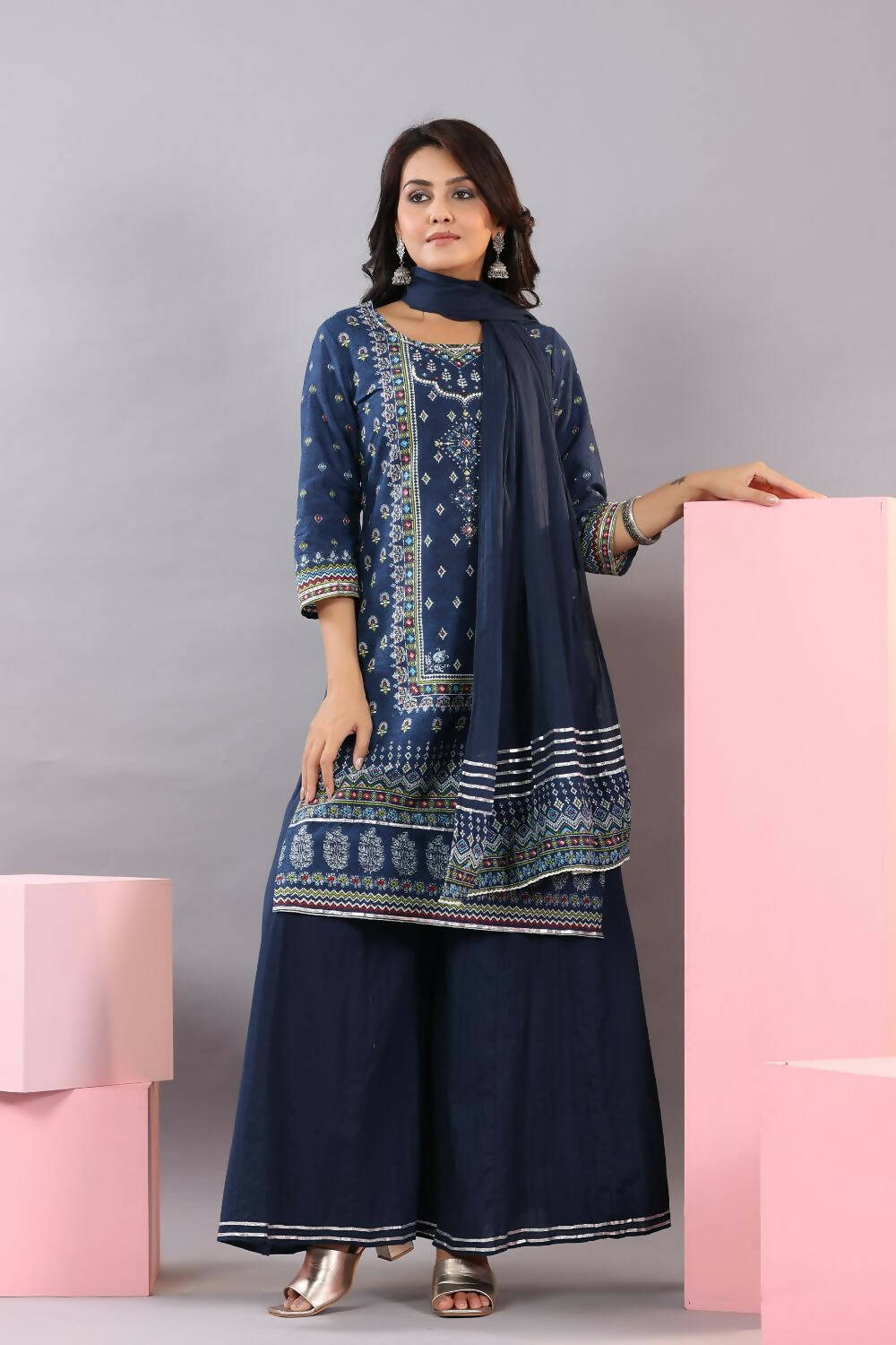 Juniper Women Indigo Cotton Cambric Printed Kurta, Palazzo and Dupatta Set | Grocsy