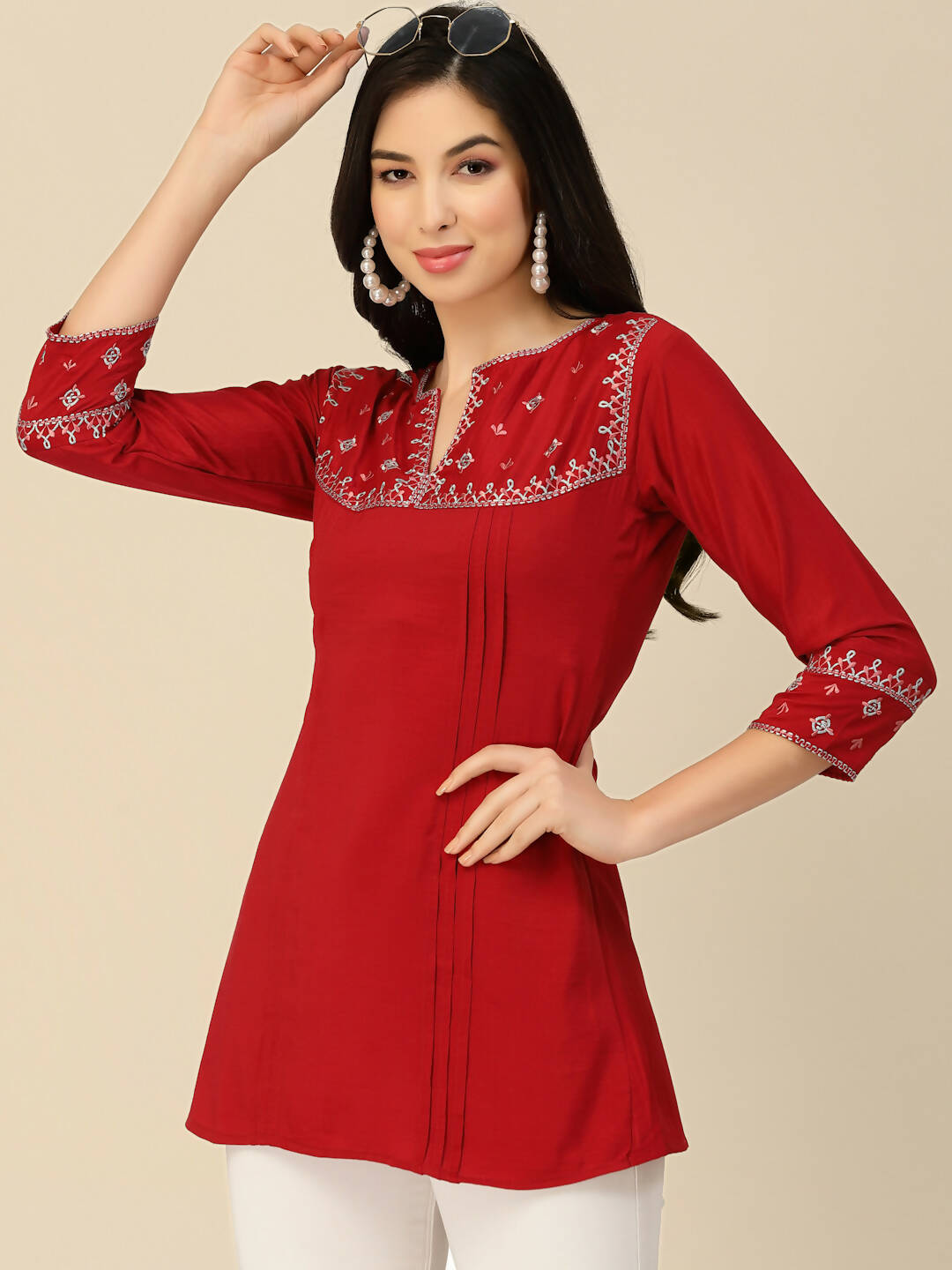Red Chinon Floral Embroidered Top - Zeny | Grocsy