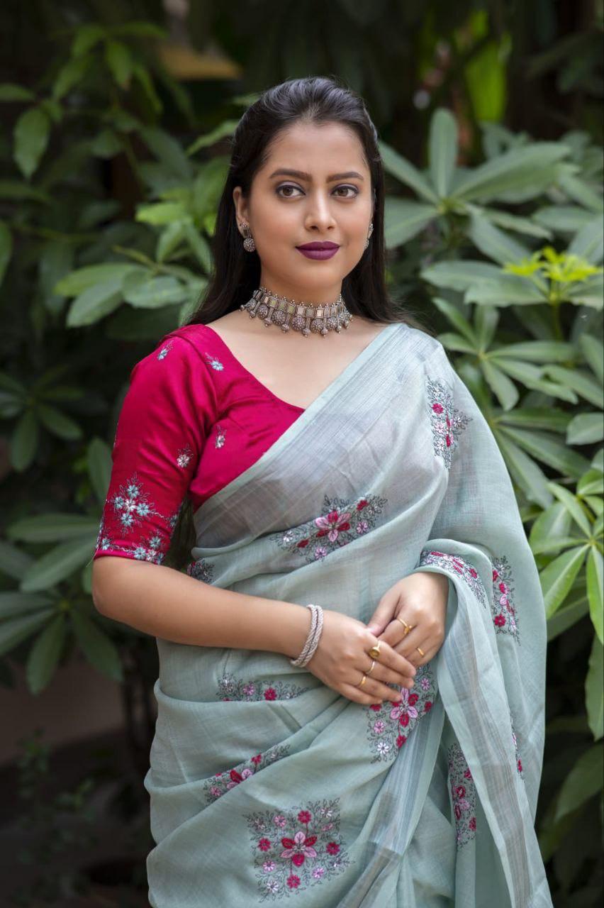 Pine Pure Linen Ethnic Motifs Saree with Unstitched Blouse - A2M | Grocsy