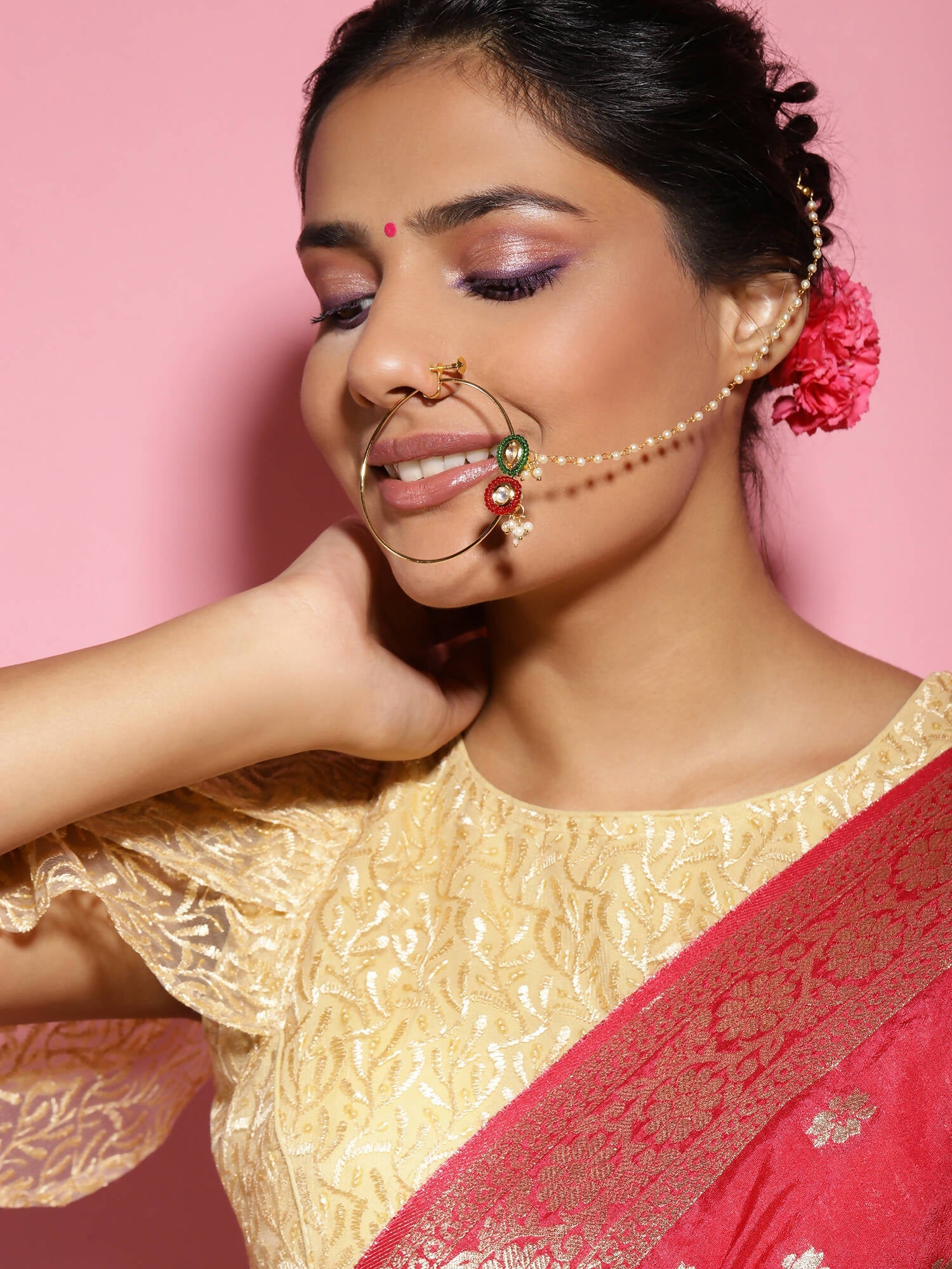Gold-Polished White Red Stone-Studded Pearl Beaded Nosepin - Ruby Raang | Grocsy