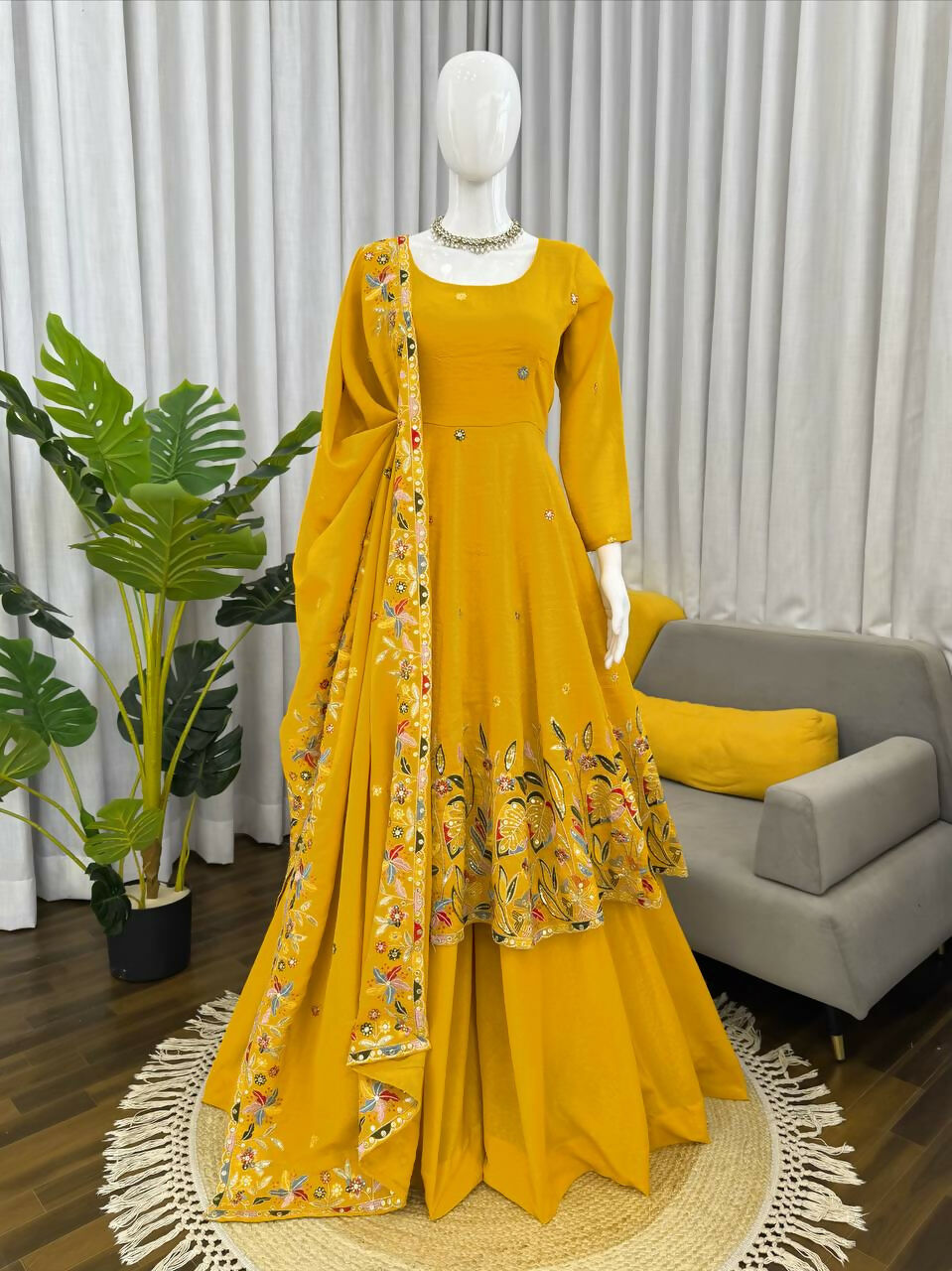 Teeya Creation Yellow Color Crunchy Silk Fancy Wedding Wear Palazzo Set | Grocsy