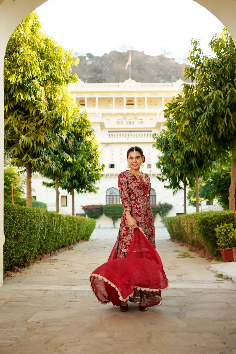 Vaasva Women Maroon Muslin Floral & Embroidered Cut Work Kurta ,Sharara & Dupatta set | Grocsy