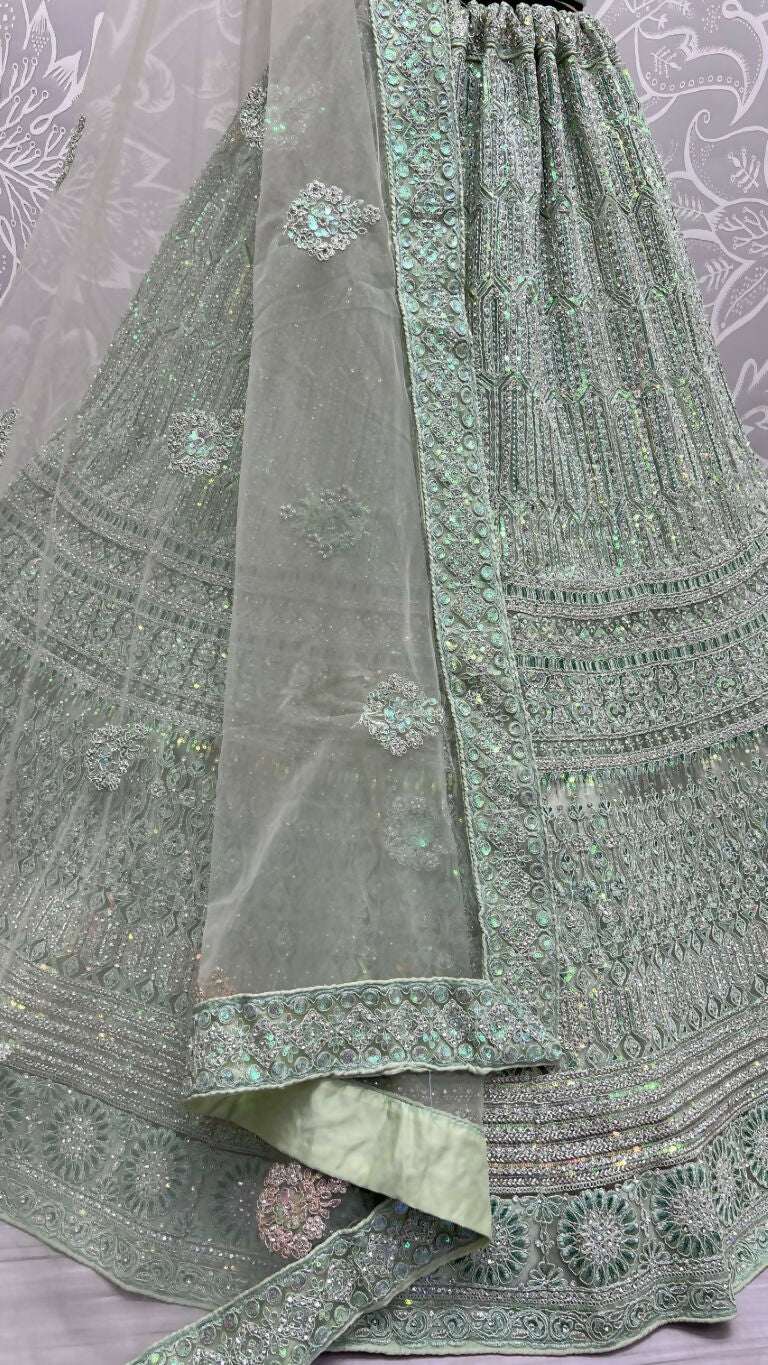 Jyoti Fashion Women's Pista Green Heavy Net Fancy Dori, Multi Thread, Rainbow Sequins and Diamond Work Wedding Lehenga Choli | Grocsy