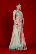 Pink Soft Organza Woven Design Saree With Unstitched Blouse Piece - Zaara | Grocsy
