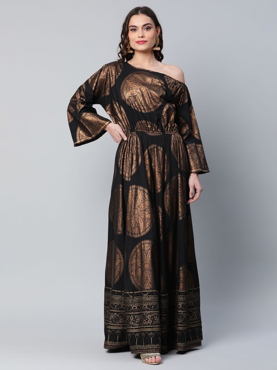 Ahalyaa Womens Black Crepe Copper Foil Printed Maxi Dress | Grocsy