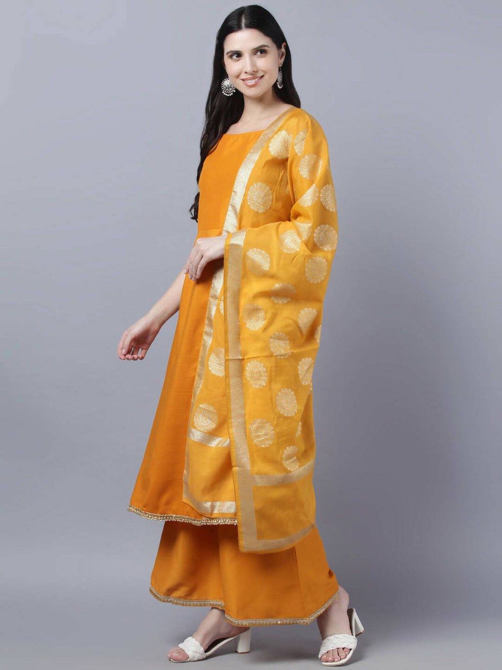 Myshka Women Yellow Panelled Kurta with Palazzos With Dupatta | Grocsy