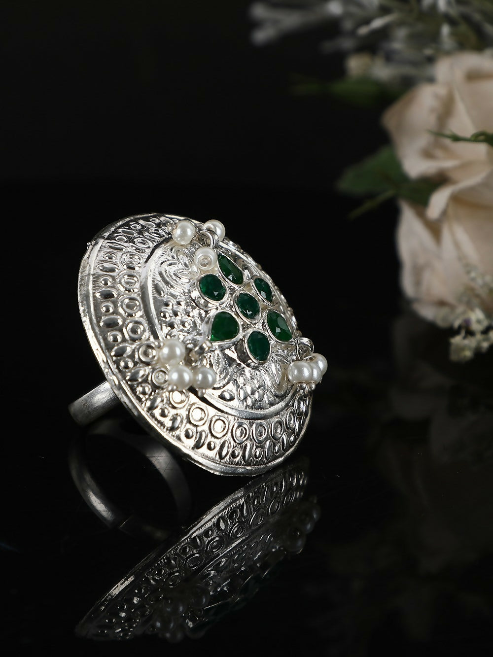 Joban Fashion Women Green Stone Silver Tone Ring | Grocsy