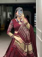 Vastranavya Traditional Every Occasion Gaji Silk Digital Print With Lagadi Patta Lehenga with Unstitched Blouse - Maroon | Grocsy