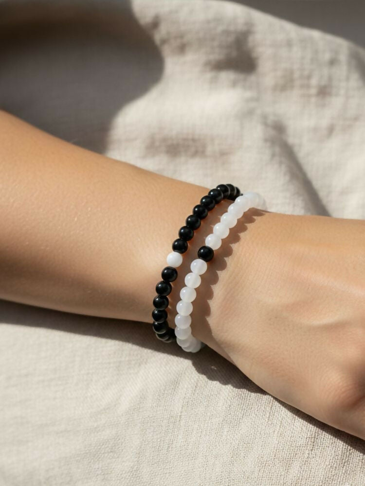 NVR Set of 2 Black & White crystal beaded Bracelet for Men & Women | Grocsy