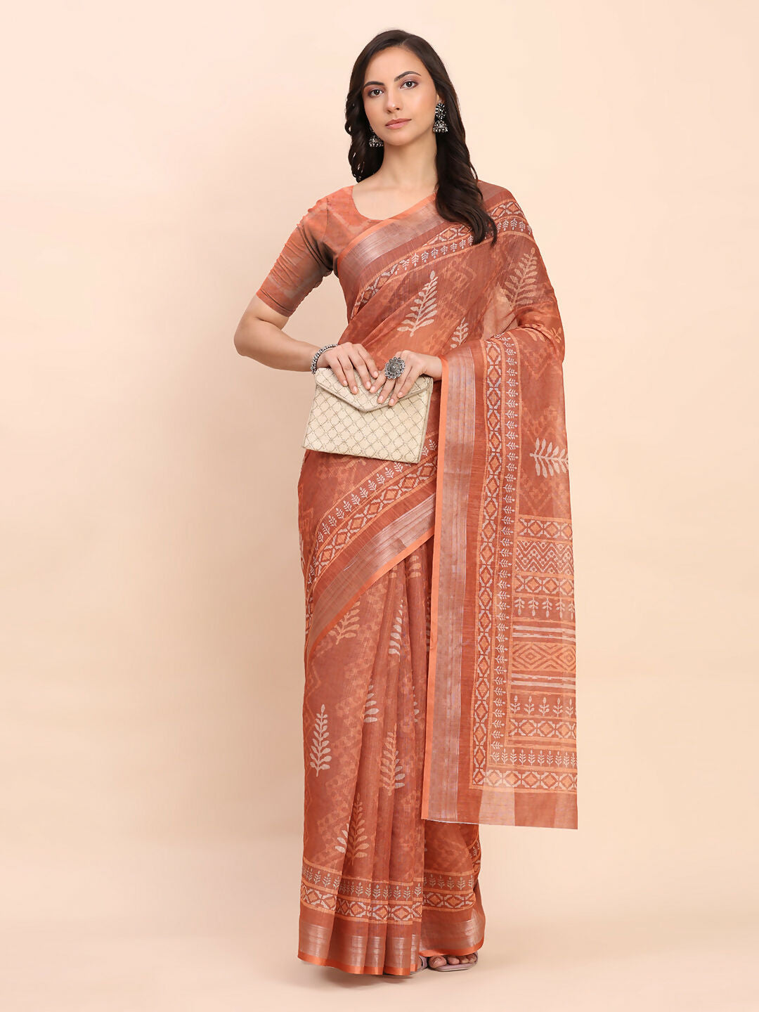 Shree Shyam Fashion Linen Cotton Rust Saree | Grocsy