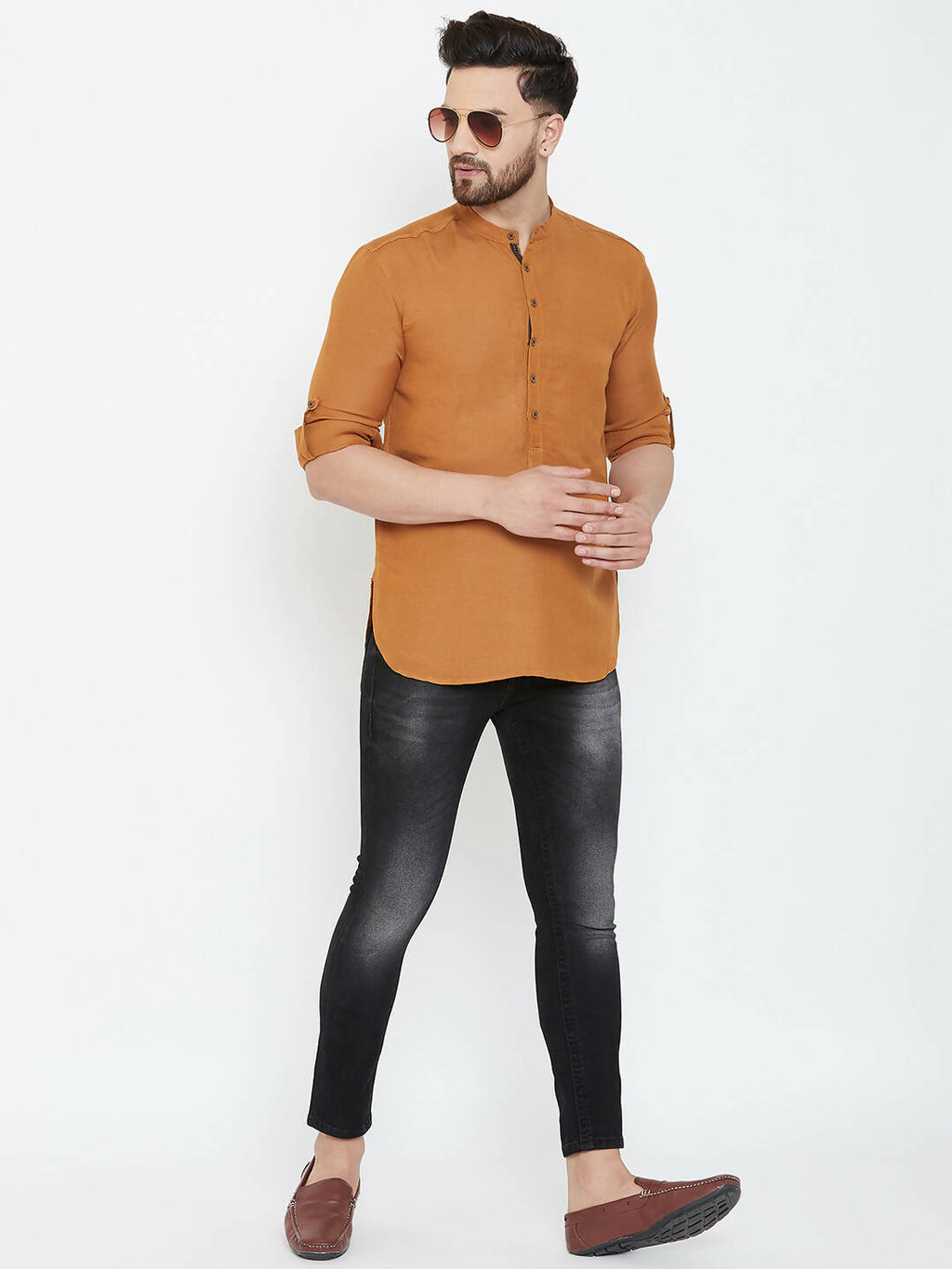 Even Apparels Brown Linen Men's Kurta With Band Collar | Grocsy