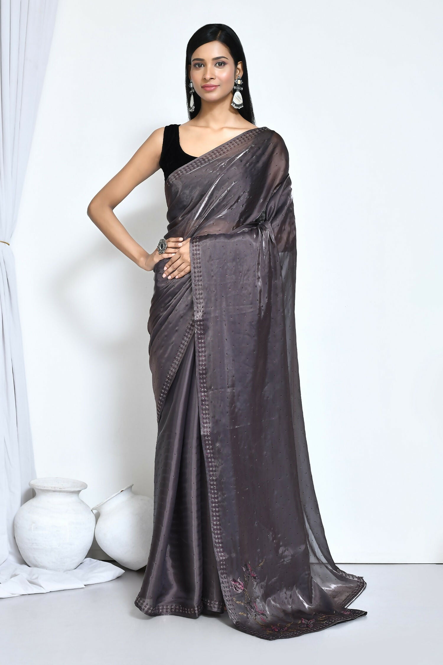 Grey Satin Silk Stone Work Festive Saree - Nimaya Denzy | Grocsy