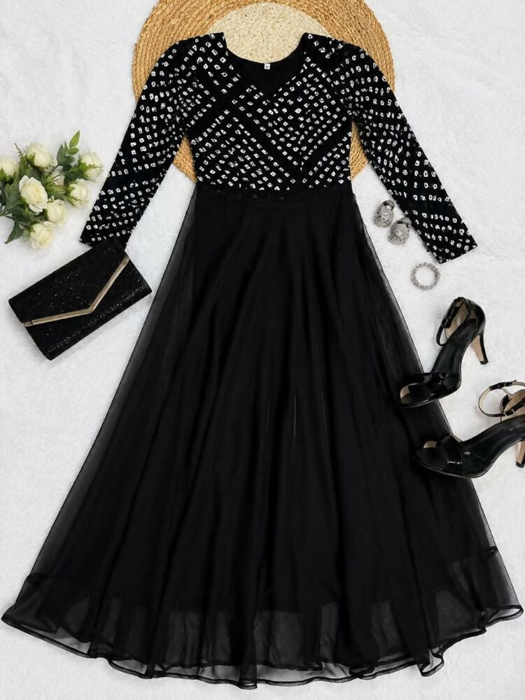 Teeya Creation Women's Black Bandhani Print Anarkali Gown | Grocsy
