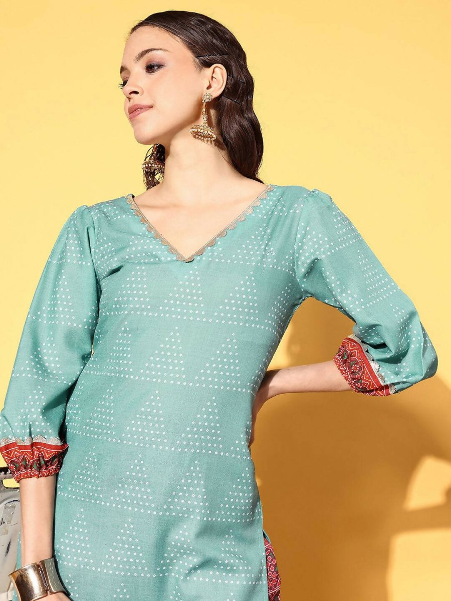 Ahalyaa Women's Teal Cotton Blend Digital Printed Kurta Pant Set | Grocsy