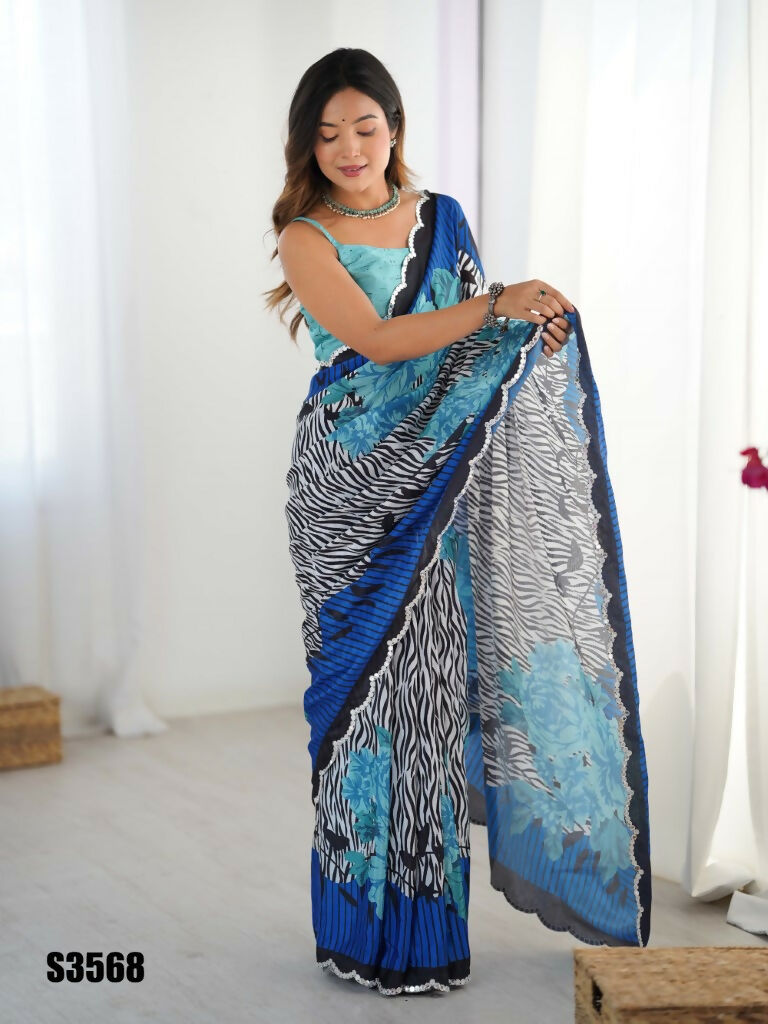 Blue Chinon Designer Digital Printed,Mirror Cut Work Saree - Manvika | Grocsy