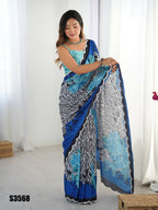 Blue Chinon Designer Digital Printed,Mirror Cut Work Saree - Manvika | Grocsy