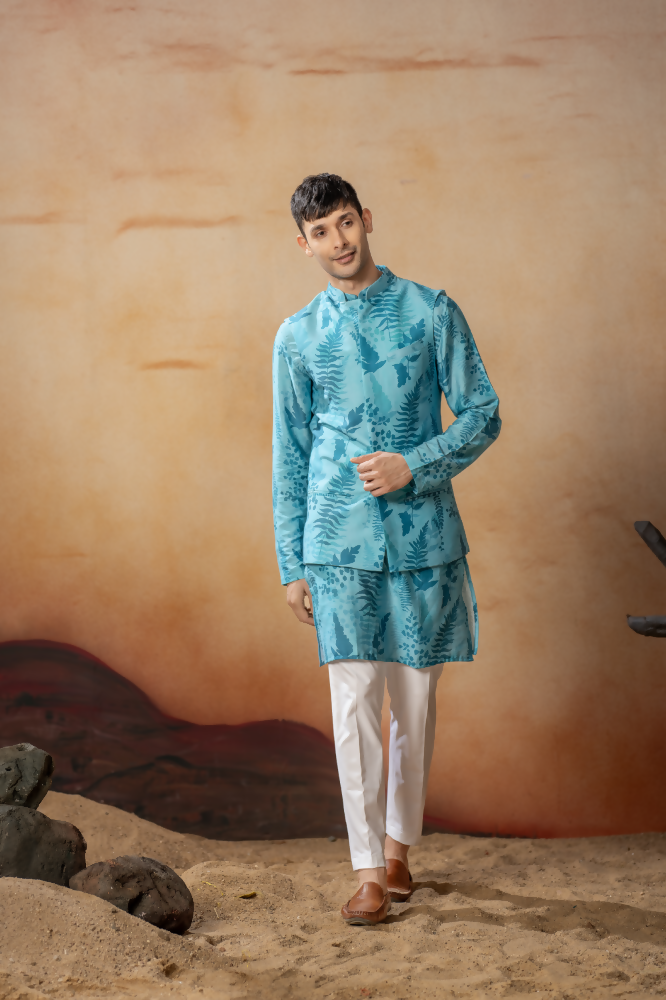 Breezy Leaves Print Cotton Nehru Jacket Set by Hilo Design | Grocsy