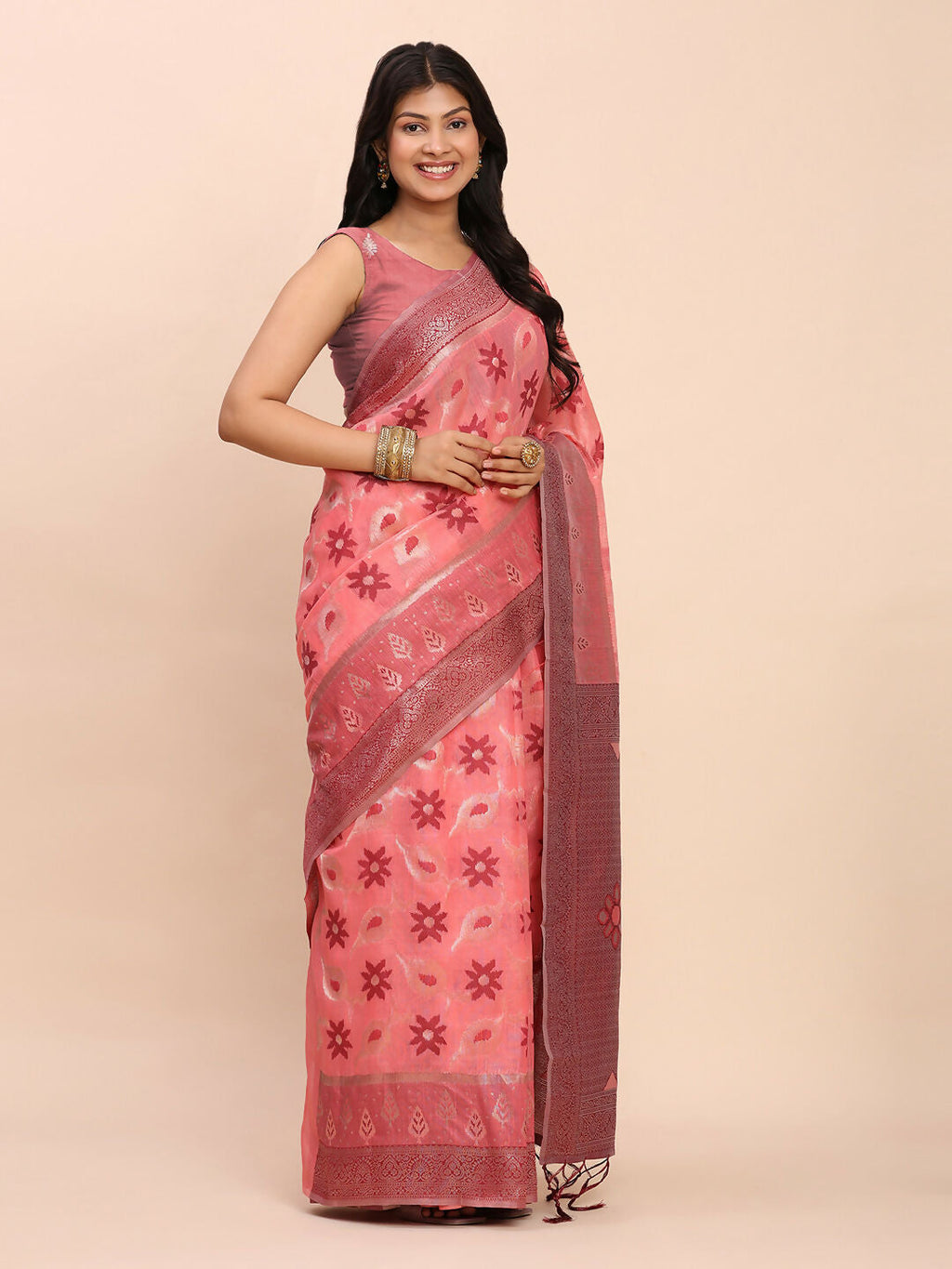 Shree Shyam Fashion Linen Cotton Peach Saree | Grocsy