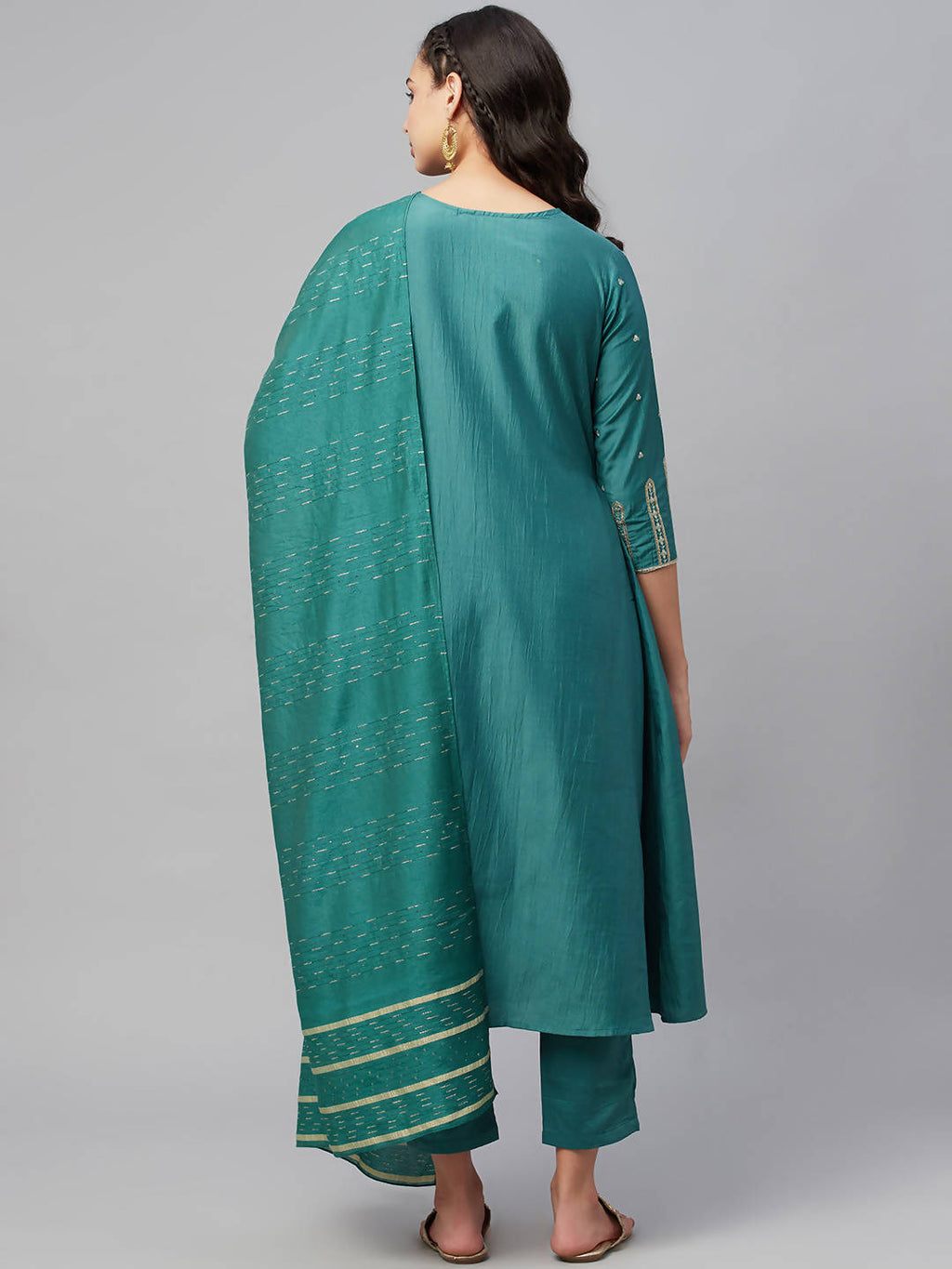 Myshka Dark Green Embroidered 3/4 Sleeve Round Neck Kurta Pant Dupatta Set | Grocsy