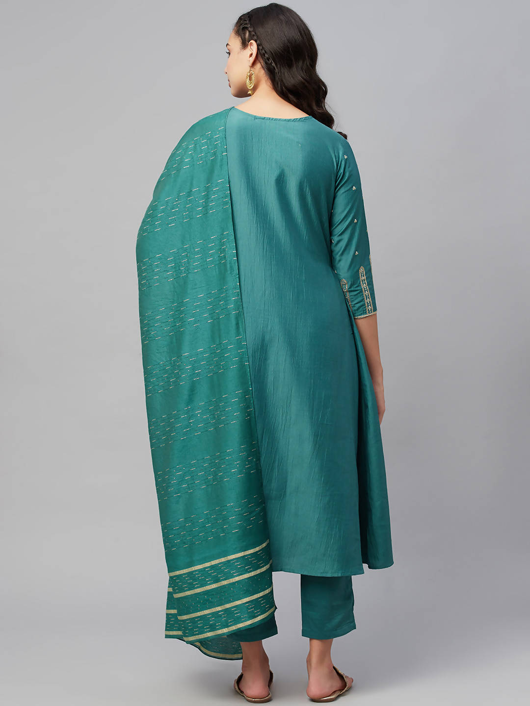 Myshka Dark Green Embroidered 3/4 Sleeve Round Neck Kurta Pant Dupatta Set | Grocsy