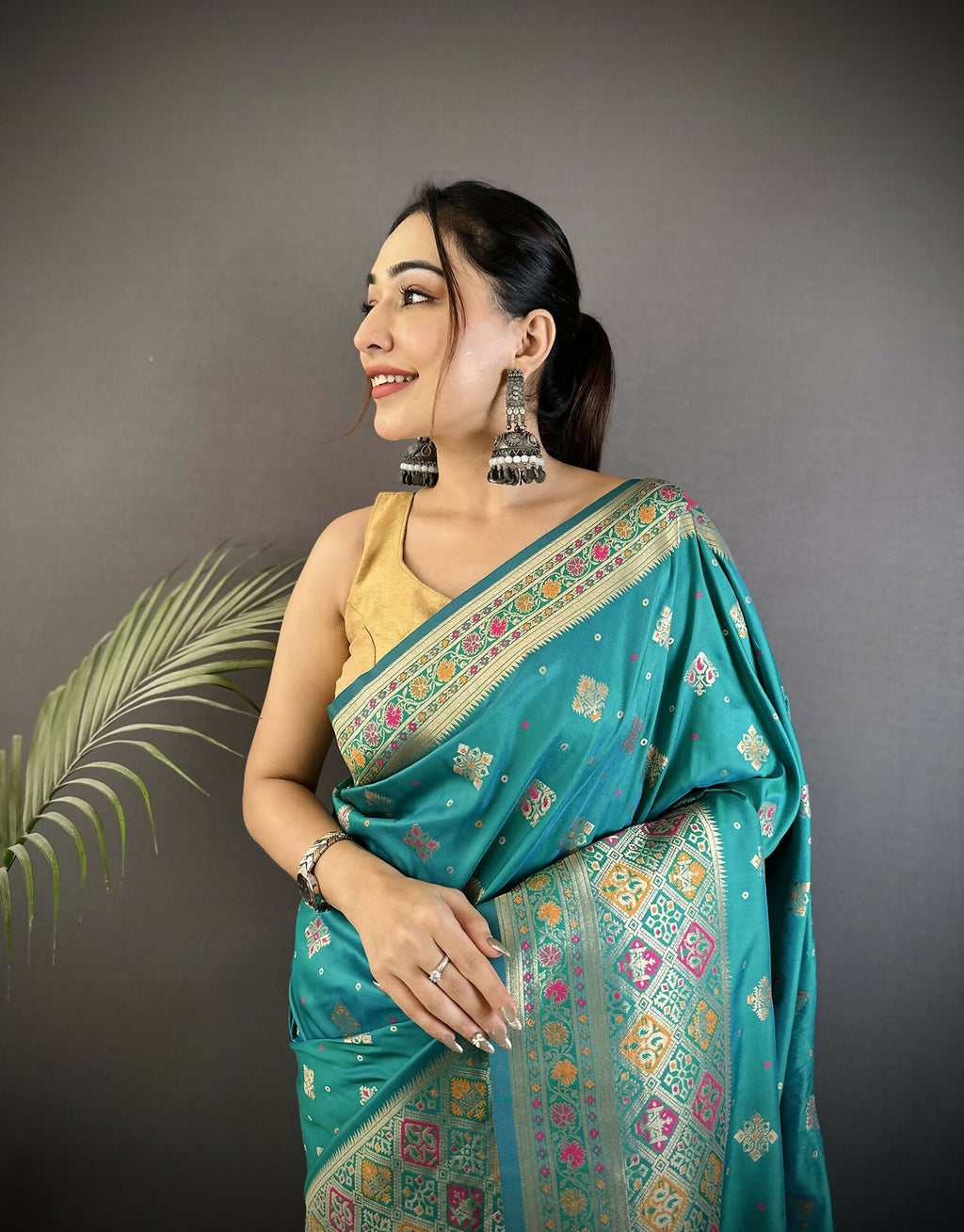 Joban Fashion Turquoise Blue Geometric Pattern Soft Silk Patola Saree | Grocsy