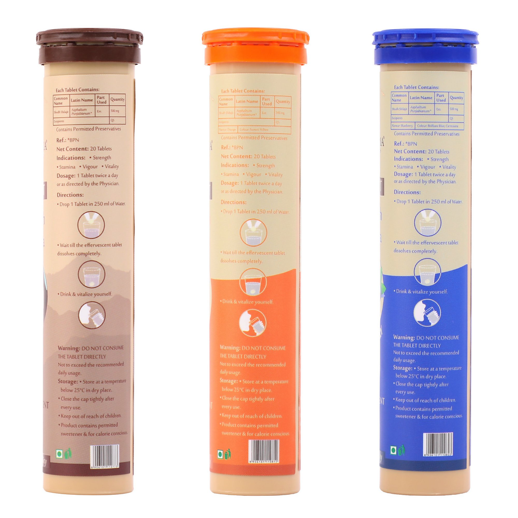 Upakarma Ayurveda Pure SJ Effervescent Tablets in 3 Unique Flavors (Pure SJ, Orange & Blueberry) Combo | Grocsy