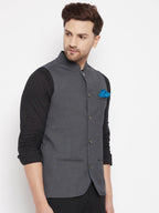 Even Apparels Grey Merino Men's Nehru Jacket-Contrast Lining-Free Pocket Square PW691 | Grocsy