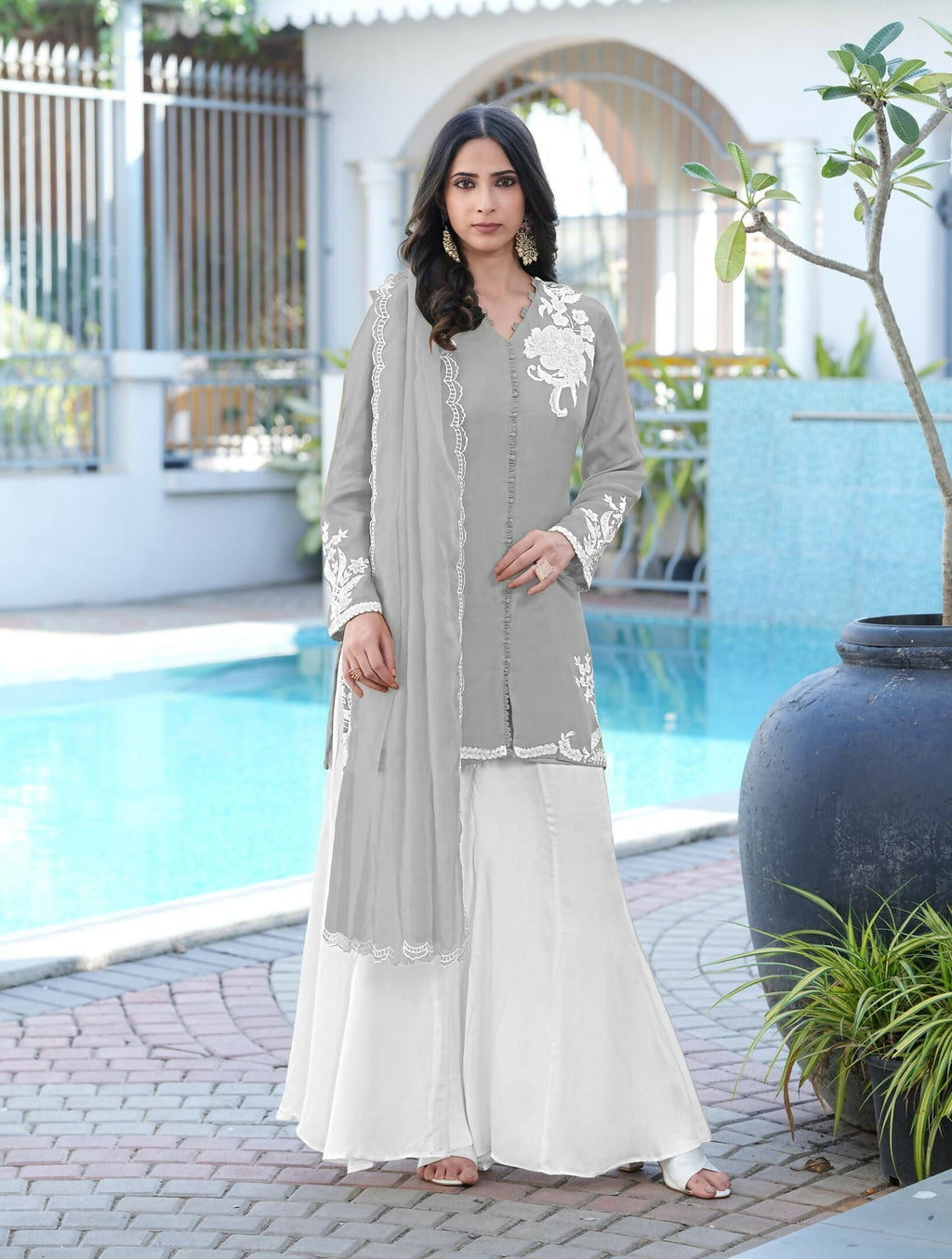 Nikhaar Grey Embroidered Modal Silk Stitched Straight Cut Kurta Kalidar Palazzo Dupatta Readymade Suit | Grocsy