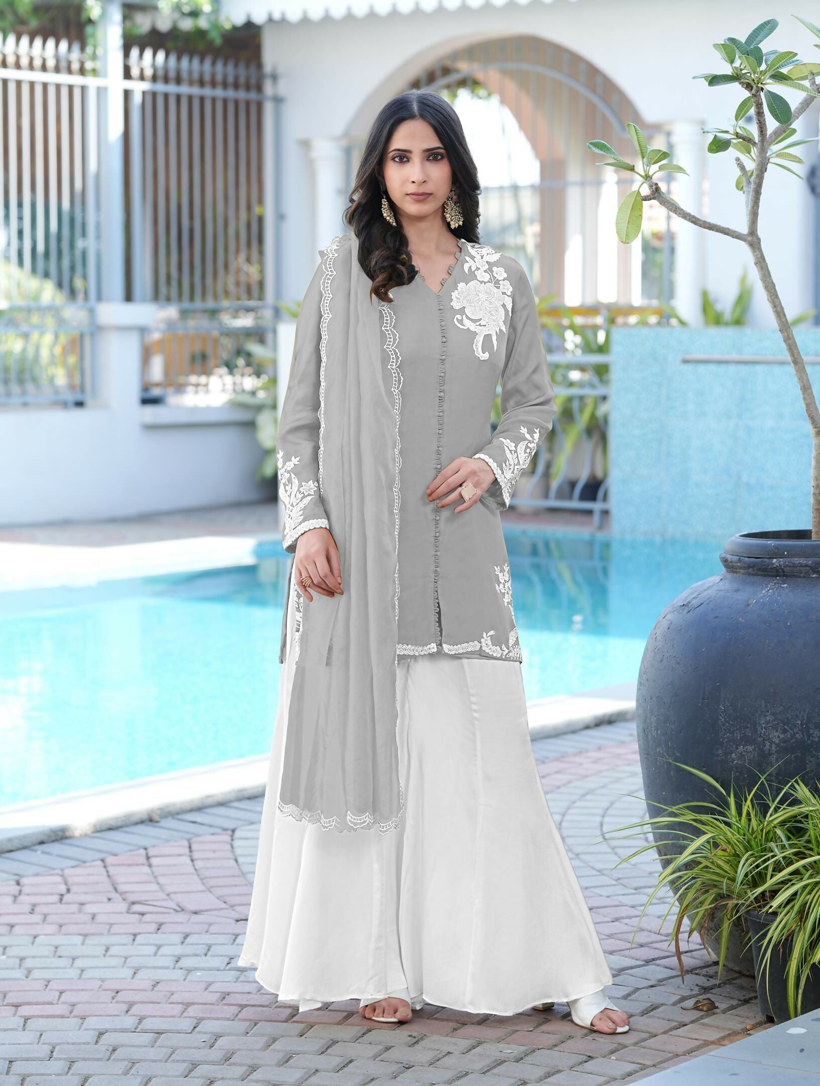 Nikhaar Grey Embroidered Modal Silk Stitched Straight Cut Kurta Kalidar Palazzo Dupatta Readymade Suit | Grocsy