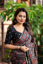 Black Cotton Blend Ajrak Saree with Unstitched Blouse - A2M | Grocsy