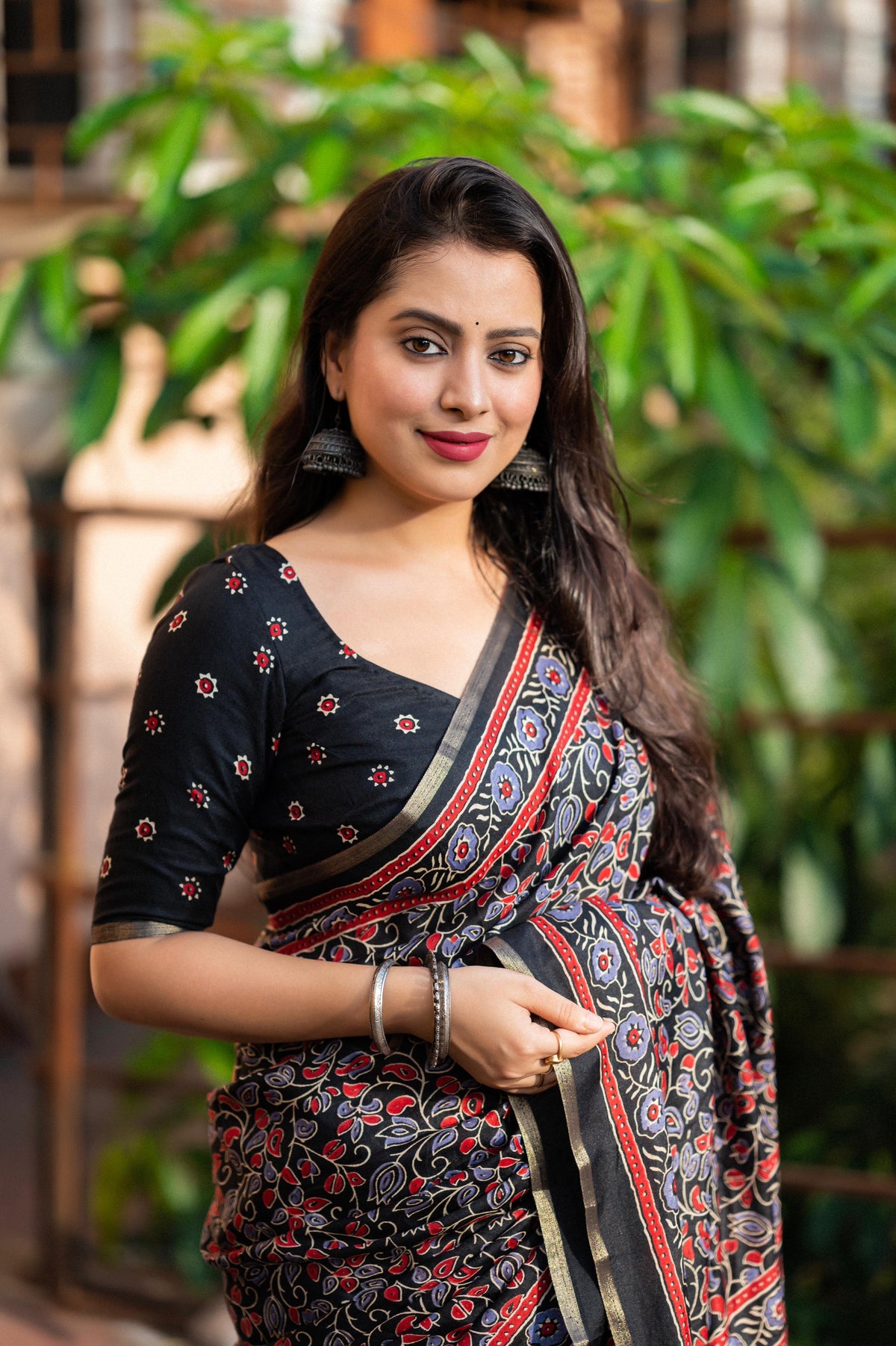 Black Cotton Blend Ajrak Saree with Unstitched Blouse - A2M | Grocsy