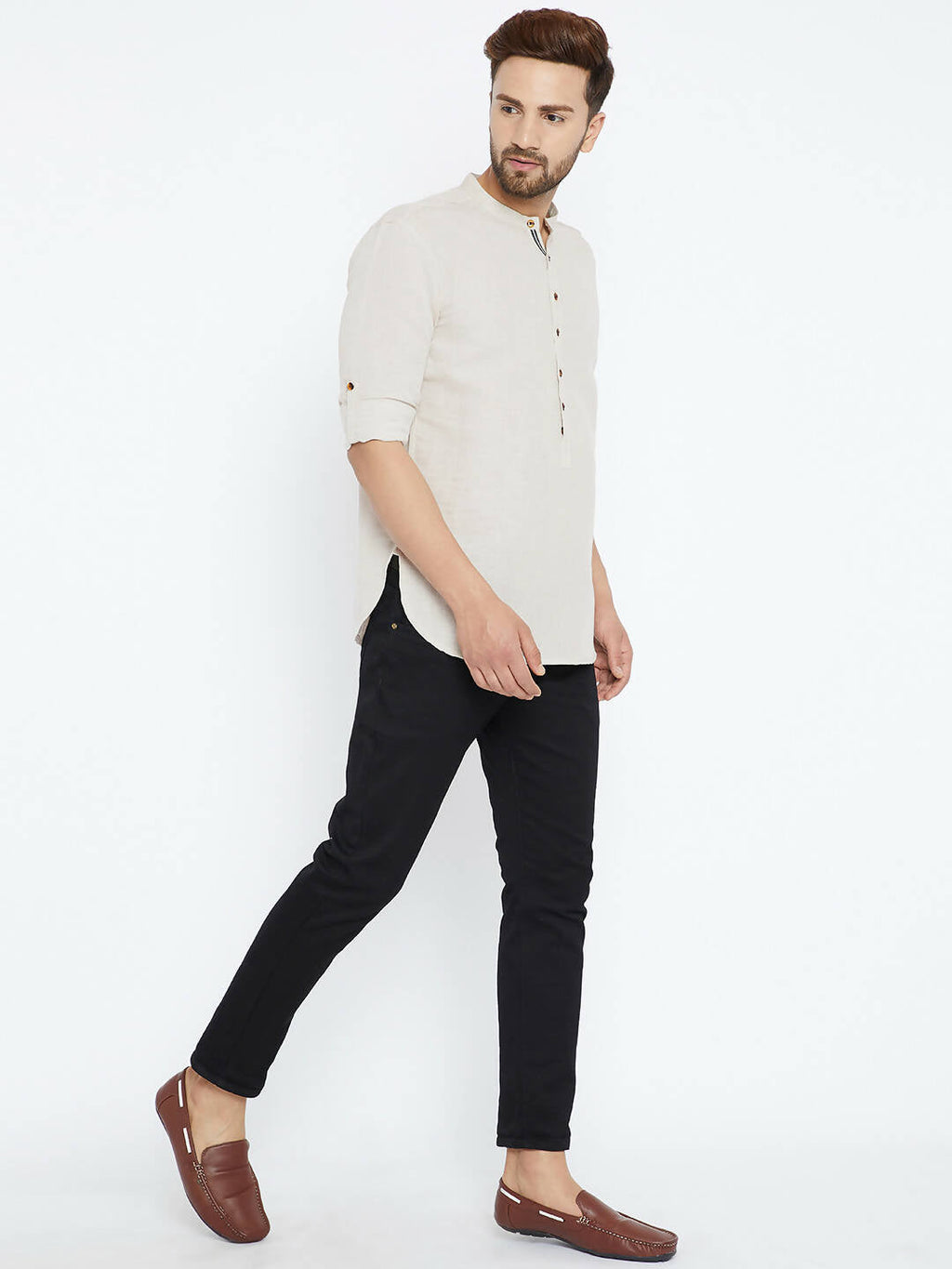 Even Apparels Beige Linen Linen Men's Kurta With Band Collar | Grocsy