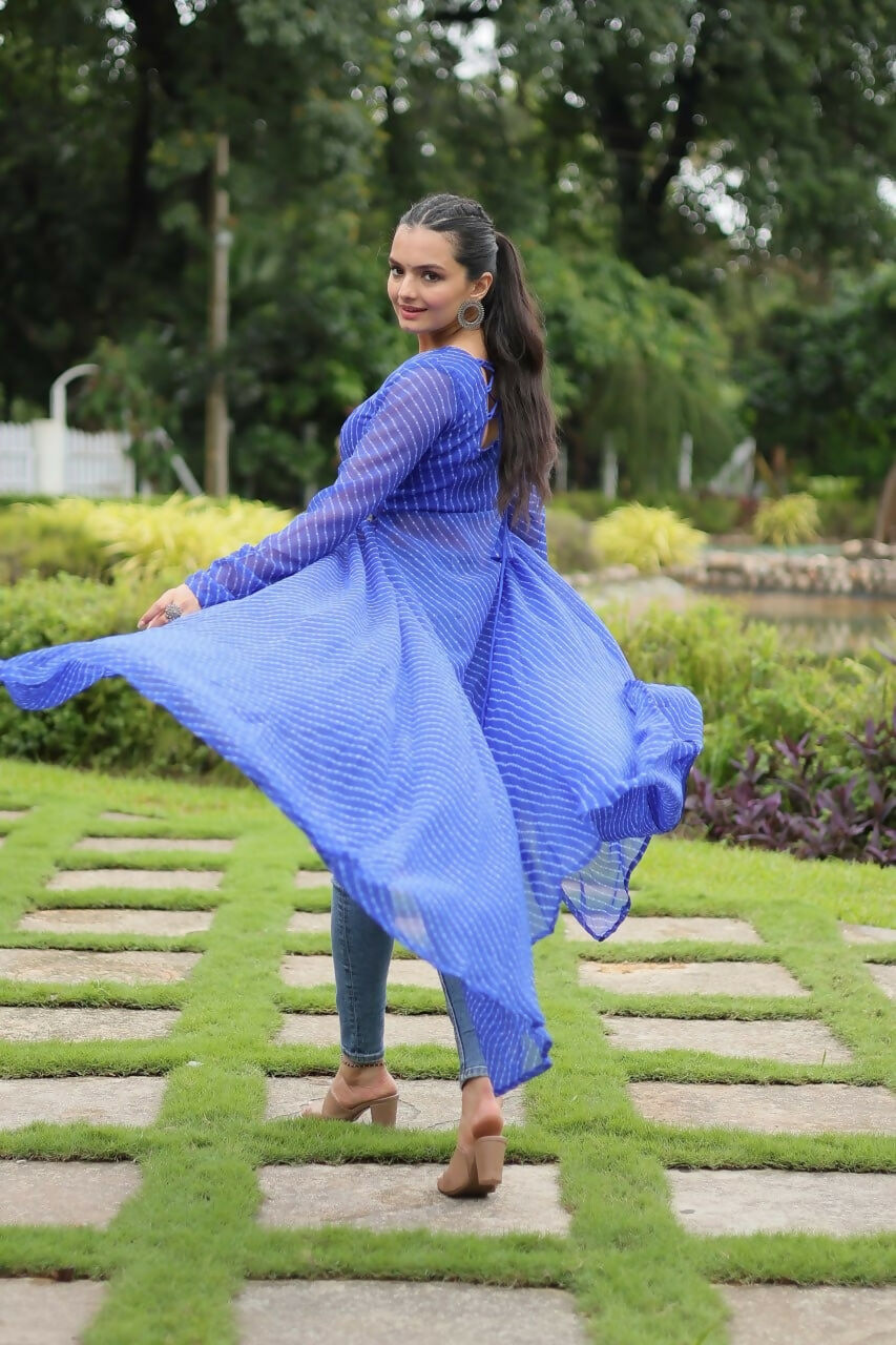 Vastranavya Blue Navratri Special Kutchi Patch Work with Leheriya Printed Kurti | Grocsy