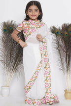 Little Bansi Floral Print Ready To Wear Saree And Floral Blouse - White | Grocsy