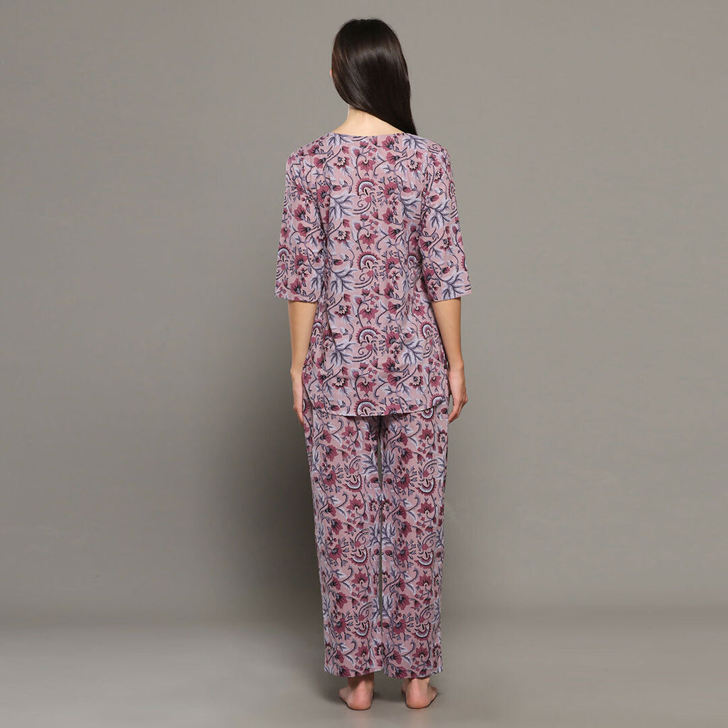 Breathables Women Cotton Printed Loungewear Kurta And Pants Co-Ord Set Pink I Night Wear | Floral Print | Grocsy